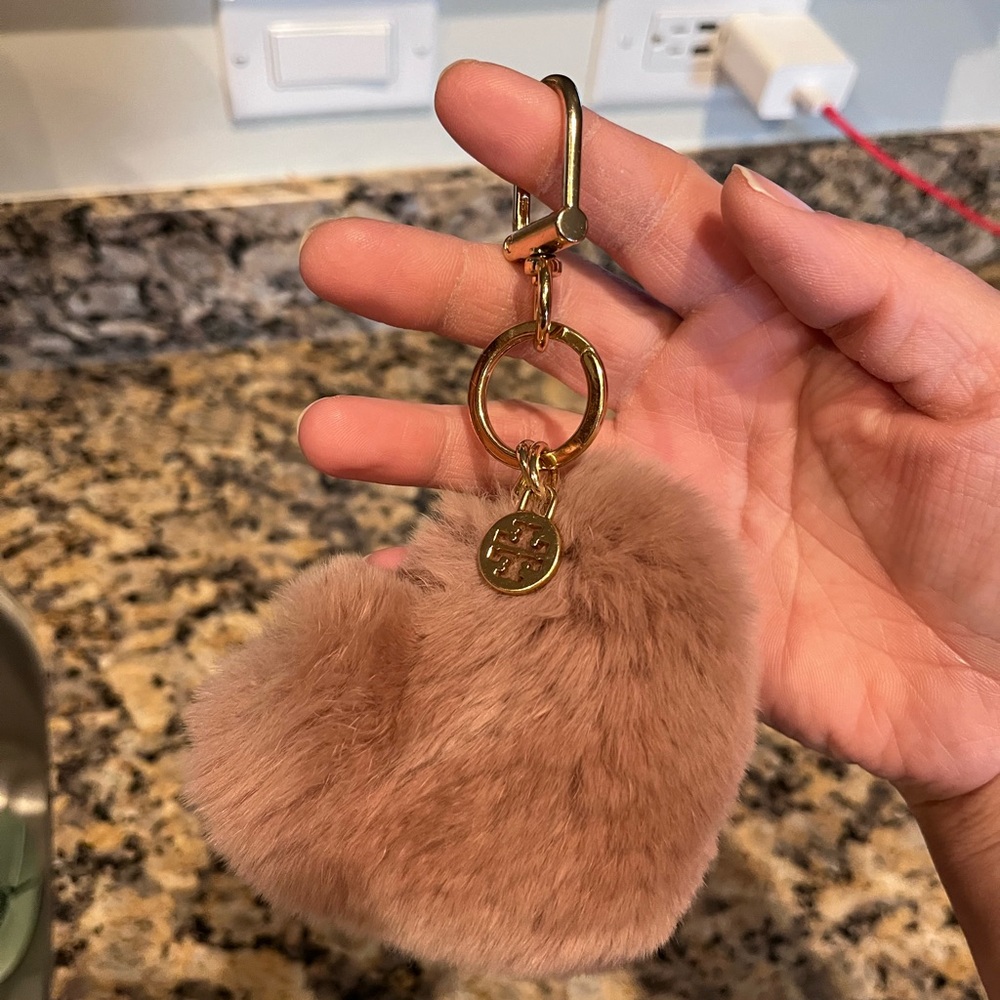 Tory Burch Faux Fur Heart Keychain with Gold Accents